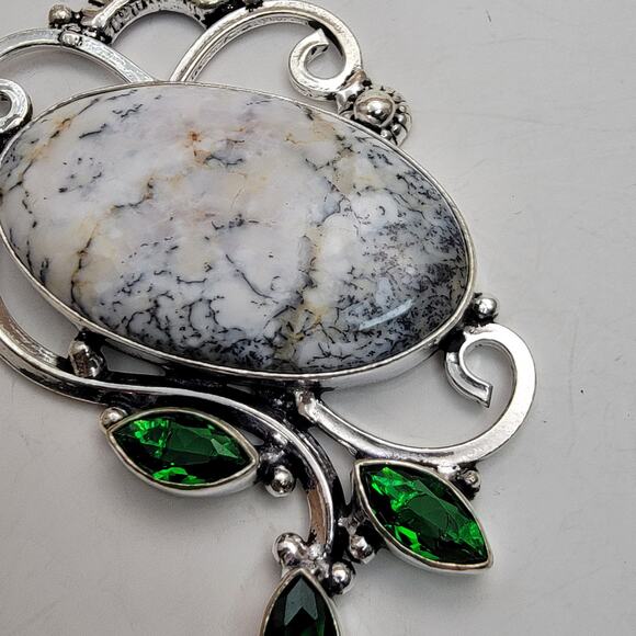 Sterling Silver Dendritic Agate and Green Quartz Pendant Necklace - 20" Chain - Picture 3 of 9